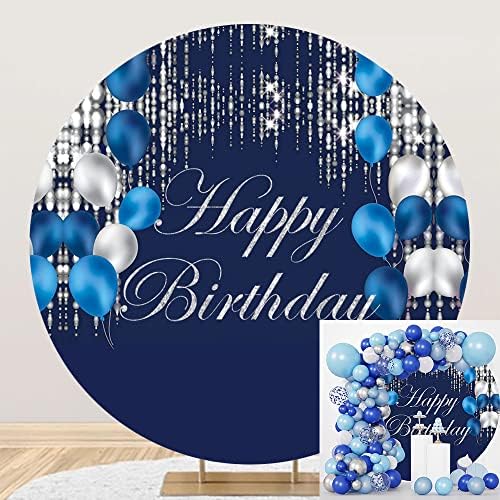 חיל הים כחול שמח יום הולדת עגול רקע כיסוי גברים 7.2 רגל חיל הים כחול וכסף תפאורות גליטר בלוני