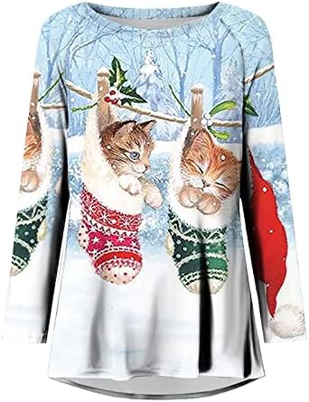 חולצת טוניקה של חג המולד לחג המולד לחתול חמוד מודפסים שרוול ארוך צוואר צוואר טריקו רופף טריקו סוודר חג המולד