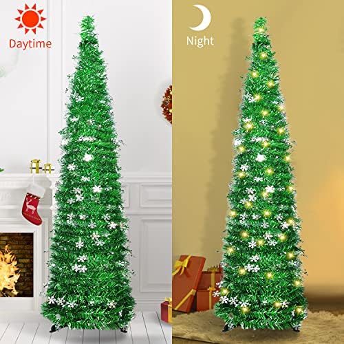 עץ חג המולד של 5ft קופץ עם 100 נורות LED, עץ חג המולד מלאכותי של Tinsel Tinsel עם קישוטי פתית