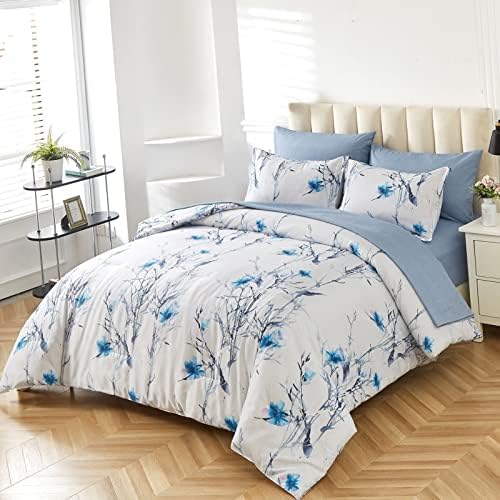 מיטה בוטנית של Luxudecor בשקית קווין קווין בגודל 7 חלקים, פרחים כחולים ושיבול דפוס ענף וסדין סדין, סט מיקרופייבר