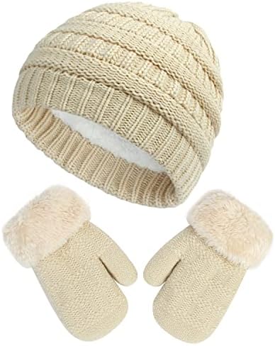 כובע חורף פעוטות עם סט כפפות - תינוקות פליס חמים כובע כפית סרוג וכפפות עבות כובע סקי לבנות בנות