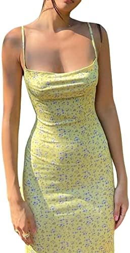 שמלת מקסי עם רצועת ספגטי מודפסת פרחונית לנשים בגזרה נמוכה 2 קראט שמלה ארוכה ללא משענת קיץ מועדון מסיבות