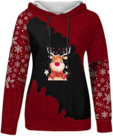 קפוצ'ונים לחג המולד של Xinshide לנשים איילים חמודים סוודר הדפס חג המולד צבע חילוף שרוול ארוך חולצה עם