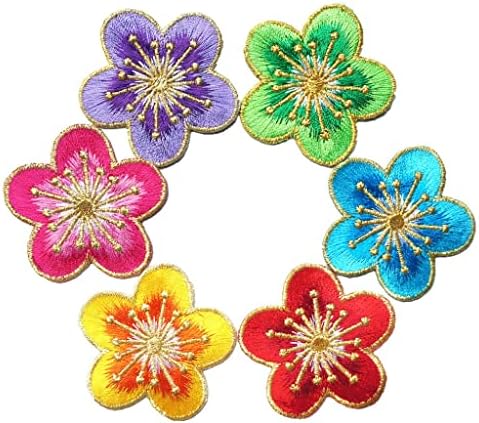 TJLSS 6 יחידות קצה זהב שזיף שזיף פרחי פרחים צבעוני צבע טלאים רקומים תפור ברזל על תגים לבגדים