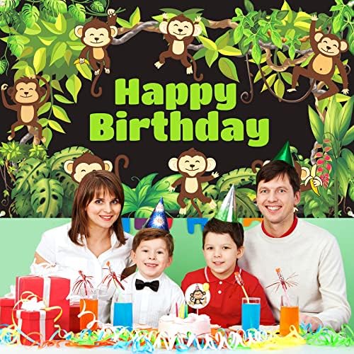 קוף ג ' ונגל ספארי יום הולדת באנר קישוטי חמוד קופים נושא יום הולדת רקע עבור ילד ילדה ילד יער ירוק
