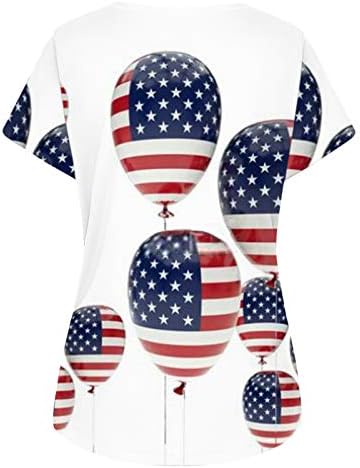 חולצות שרוול קצר של נשים עבודה אחיד יום העצמאות צווארון מודפס כיסים רופפים חולצה