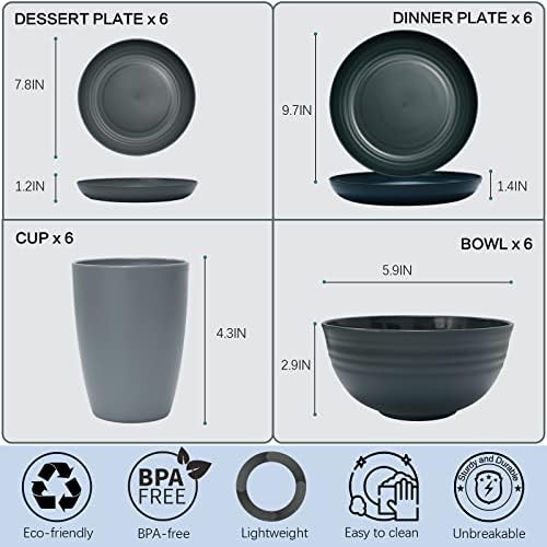 ערכות כלי אוכל מפלסטיק עבור 6, Osonm 24 יח 'משקל קל צלחות בלתי ניתנות לשבירה קערות כוסות סטים,