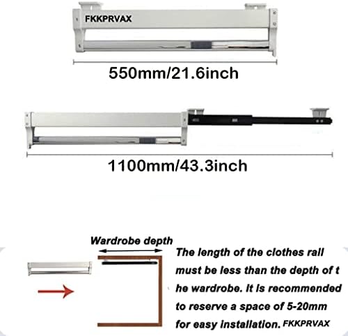 Fkkprvax מוט ארון הניתן להרחבה לבן - שלף רכבת קולב בגדים 30-60 סמ מכנסיים מתכווננים מתלה תקרה הרכבי בגדי מסילה