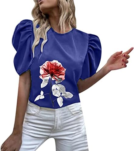 ארוך שרוול רגיל חולצה נשים נשים לקפל קצר שרוול צוות צוואר פרח מודפס חולצה למעלה מזדמן רזה חולצות