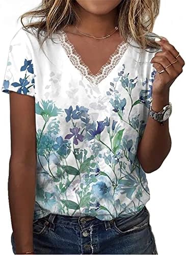 צמרות קיץ מזדמנים לנשים הדפסת פרחים טרנדית שרוול קצר חולצה תחרה תחרה v חולצות טוניקה צוואר