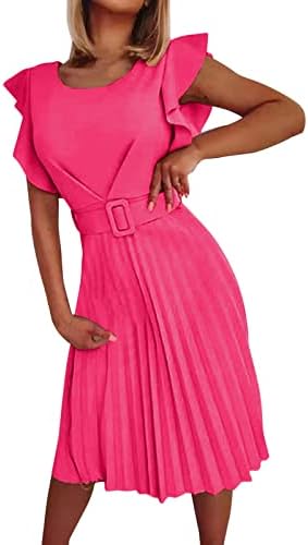 חולצה קיץ שמלות נשים אדמה הדפסת רפרוף שרוול קפלים עבודה שמלה עם חגורה או צוואר אלגנטי שמלות נשים
