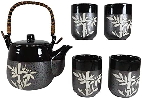 אברוס שחור ופחם יפני במבוק מזל חרסינה סיר תה 20oz וכוסות מגיש 4 אורחים עם ידית עץ במבוק ומסננת מתכתית