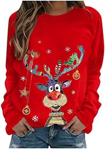 שרוול ארוך לנשים צווארון סווטשירט סווטשירט חג מולד איילים חמודים מודפסים חולצות טשס סוודר מזדמן