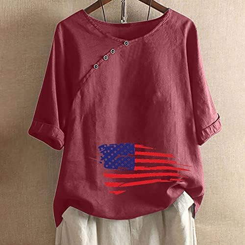 חולצות פשתן כותנה לנשים חולצת יום עצמאות גרפית 4 ביולי