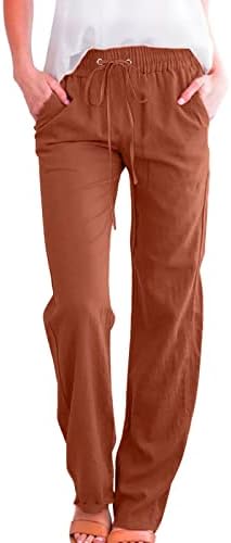 נשות EMRELOD קיץ מותן גבוה פשתן כותנה פלאצו מכנסיים רחבים מכנסיים ארוכים עם כיס אלסטי משרטט מכנס