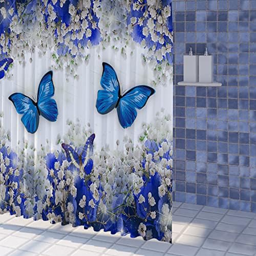 וילון מקלחת פרחים של פרחים Latetomt וילון מקלחת כחול רויאל וילון מקלחת לבנה פנטזיה אביב גן גיפסופילה פרחים כחולים
