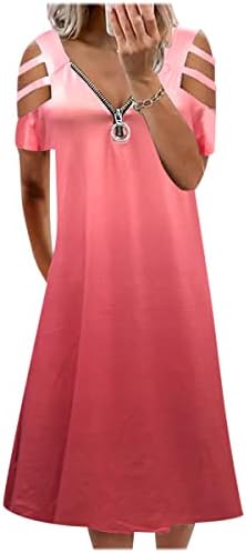 שמלת שרוול קצר לנשים הנלי רוכסן עם צווארון מזדמן רופף קר כתף מודפס קיץ חוף מקסי שמלה
