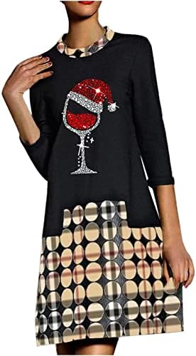 ארוך שרוול טוניקת שמלה לנשים חג המולד טרנדי אדום יין זכוכית גרפי שמלת צבע בלוק רופף נדנדה שמלות