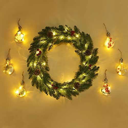 זר דלת חג המולד של Eurizen לעיצוב בית - פרח מלאכותי, נורות LED, קונוסים אורנים, אשכולות פירות יער,