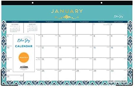 SKY Blue 2021 לוח השנה של כרית השולחן החודשית, כריכת קלטת לקצץ, אגרוף שני חורים, 17 x 11, סולנה