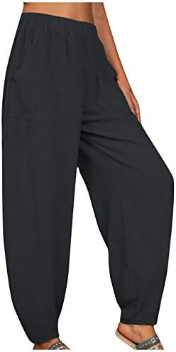 נשים מכנסי טרקלין פלאצו רגל רחבה מזדמנים מכנסי פשתן כותנה נוחים מוצקים מכנסי חוף רחבים עם כיסים עם כיסים