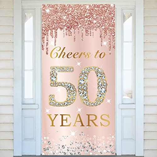 קישוטים של דלת יום הולדת 50 לנשים, ורוד ורוד ורוד לחיים עד 50 שנה ציוד למסיבות תפאורה של כיסוי ליום הולדת, אבזרי