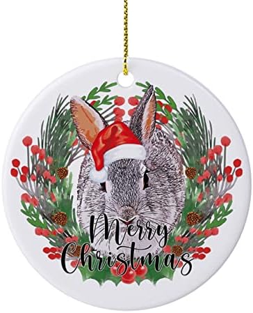 זר דו-צדדי מודפס ארנב חג שמח ארנב קרמיקה לחג המולד, מתנות קישוט לחג המולד לחברים משפחתיים ילדים, תליוני