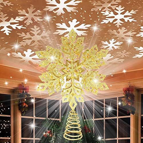 עץ חג המולד אור עליון - מתכת נוצצת טופר עץ שלג זהב עם מקרן LED של שלג לבן סיבוב - עץ חג המולד קישוטי