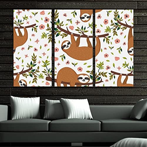 אמנות קיר לסלון, ציור שמן על בד עצלן חמוד ממוסגר וממוסגר על פרחי עץ ענף דפוס יצירות אמנות לעיצוב חדר שינה
