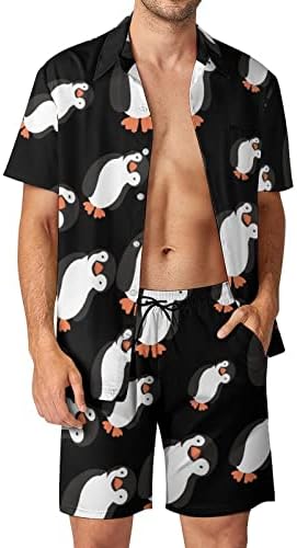 פינג'ין מצחיק גברים מצחיקים הוואי מכפתור חולצות שרוול קצר ומכנסיים תלבושות חוף קיץ רופפות אימונית מתאימה