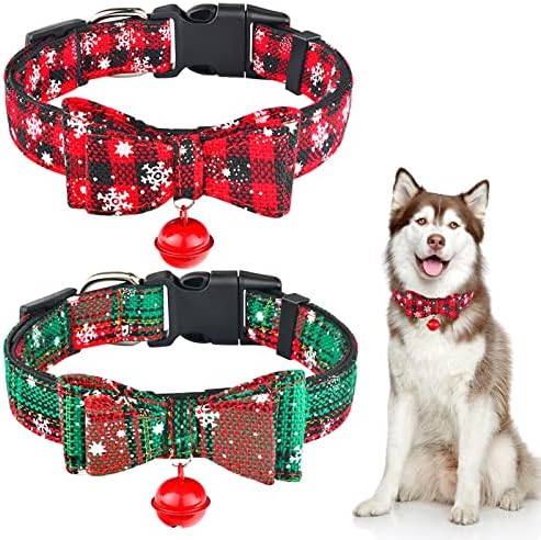 צווארון כלבים לחג המולד קשת לכלבים, דפוס פתית שלג ירוק משובץ אדום משובץ צווארוני כלבים מתכווננים צווארון