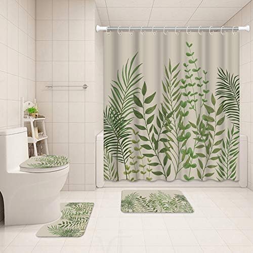 Ryounoart 4 PCS עלים ירוקים וילון מקלחת סט עם שטיחים ואביזרים וילון מקלחת עלים צמח וינטג 'עם
