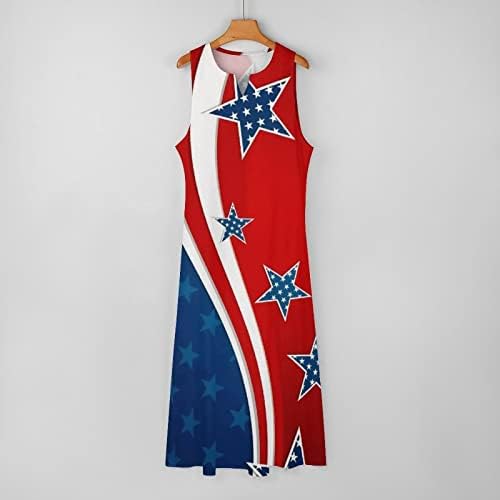 4 ביולי מקסי שמלות לנשים רופף מזדמן קיץ בוהו שמלה ללא שרוולים צווארון שמלת אמריקאי דגל זורם חוף שמלה