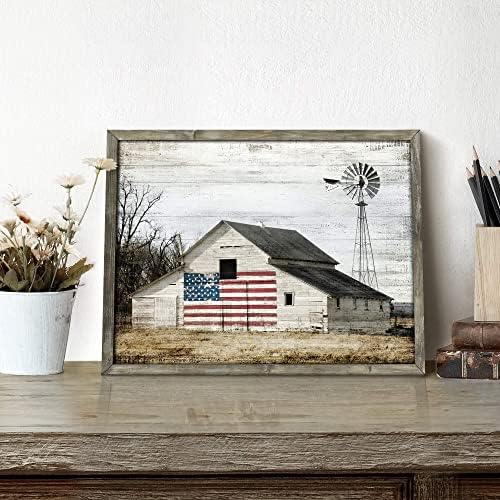 תמונת עץ אמנות עיצוב קיר: יצירות אמנות של אסם ישן כפרי ציור דגל אמריקאי ציור טחנת רוח אפורה הדפסים