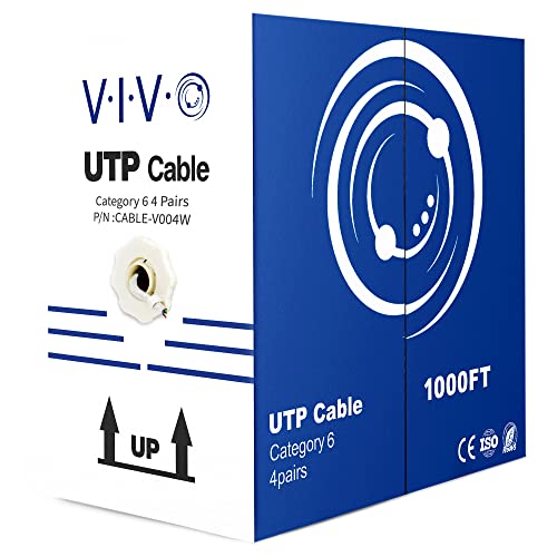 Vivo 1,000ft Bulk Cat6, כבל Ethernet CCA, 23 AWG, תיבת משיכה UTP, חוט CAT-6, מקורה, התקנות רשת, לבן, כבל-V004W