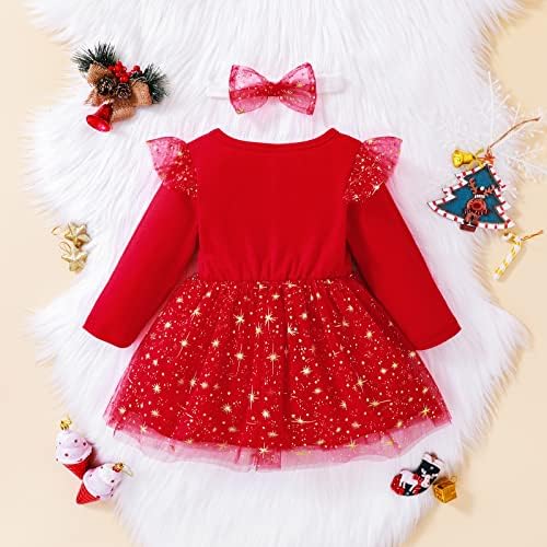 פעוטות תינוקת חג המולד תלבושת שרוול ארוך הדפסת מכתב נסיכה כוכבת טול טוטו שמלה סרט 2 יחידות סט סט