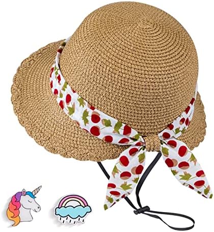 כובע שמש קש של בנות עם רצועת סנטר ושתי סיכות חמודות הגנה על חוף קיץ