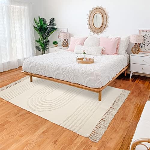 שטיח סלון בוהו 5'x7''sthashabastablable חדר שינה, שטיח חדר שינה ארוג בז 'לינארי שטיח פעוטות עם גדילים עם גדילים