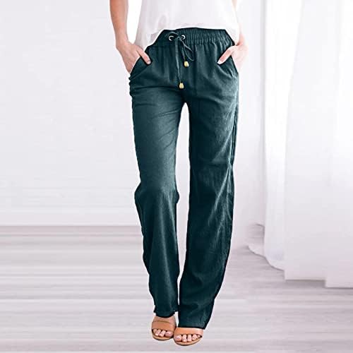 Adpan ומכנסיים אלסטיים מוצקים ישרים משרטט ארוך פשתן נשים המותניים מכנסיים מזדמנים