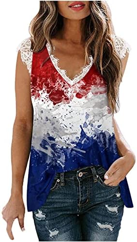גופיות דגל ארהב לנשים 4 ביולי חולצה פטריוטית אמריקאית דגל אמריקאי טייז גרפי ללא שרוולים תחרה חולצות טנק
