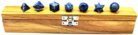 Sharvgun Platonic Solds Crystal Lapis Lazuli 7 חלקים גיאומטריה קדושה סט עם קופסת עץ קריסטל טבעי
