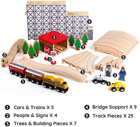 עץ רכבת סט צעצוע עם רכבת ברמה גבוהה חלק, 50 יחידות מעוף עילי עץ רכבת פלייסט עם 5 מגנטי רכבת מכוניות