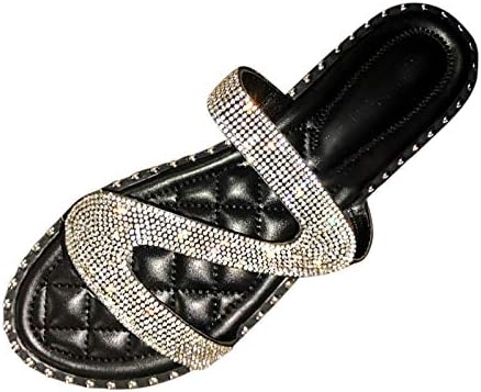 סנדלים של Balakie Rhinesestone, סנדלים שטוחים לנשים, סנדלים משובצים, נעלי בית סנדל בקיץ ביץ '