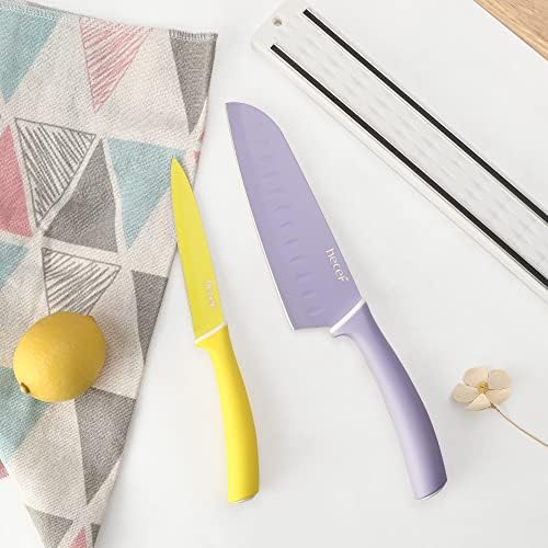 ערכת סכינים צבעונית של חצ ' ף, 6 חתיכות סכין מטבח עם כיסויים, ערכת סכיני בישול טפלון מקודד בצבע