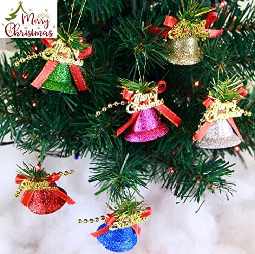 פעמוני פלסטיק מבריקים צבעוניים לעצי חג המולד: 6 יחידות 4.1 סמ פעמוני נצנצים עם חג מולד שמח תלייה