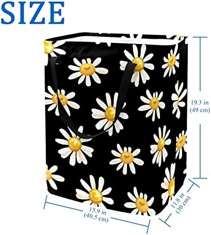 כביסת עם ידית, קטן דייזי פרחים שחור רקע מתקפל גדול כותנה אחסון סל עבור בגדים