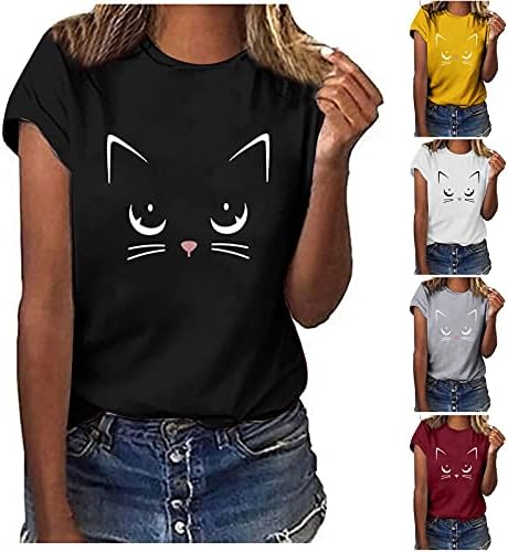חתול מודפס חולצות לנשים קצר שרוול חולצות מקרית צווארון עגול טיז טוניקת אימון קיץ חולצות ג ' וניור חולצה
