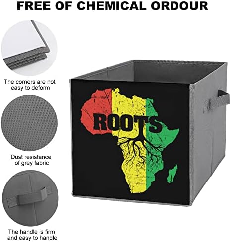 אפריקה מפת רגאיי ראסטה שורשים פחי אחסון מתקפלים קופסאות סלי קוביית בד עם ידיות לצעצועי בגדים, 11x11x11