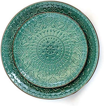 Elama Round Stoneware Set Seat כלי אוכל מובלטים, 16 חלקים, צהבה אוקיינוס ​​וירוק