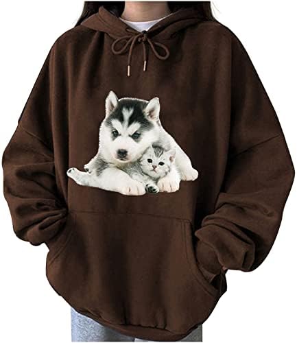 אהבה אמהית כלב כלב גרפיה סווטשירט נשים נושאות חמוד משקל קל משקל עם שרוול ארוך שרוול ארוך חולצות טוניקה קפוצ'ונים